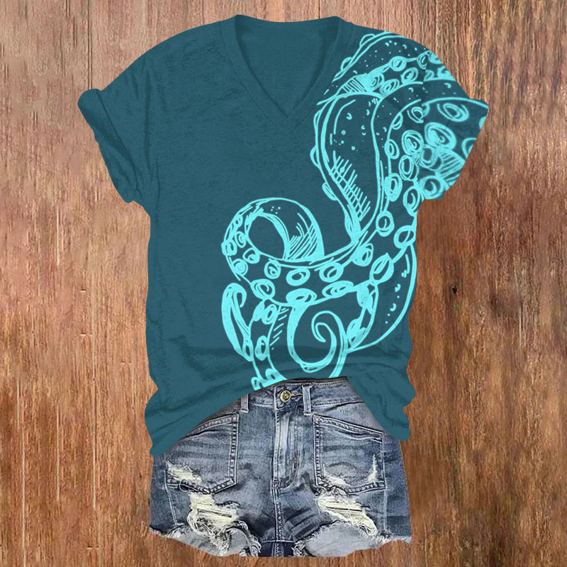 Fluorescent Line Octopus Tentacles Print V-neck T-shirt - Olive Green - US32-34(5XL) - image 3