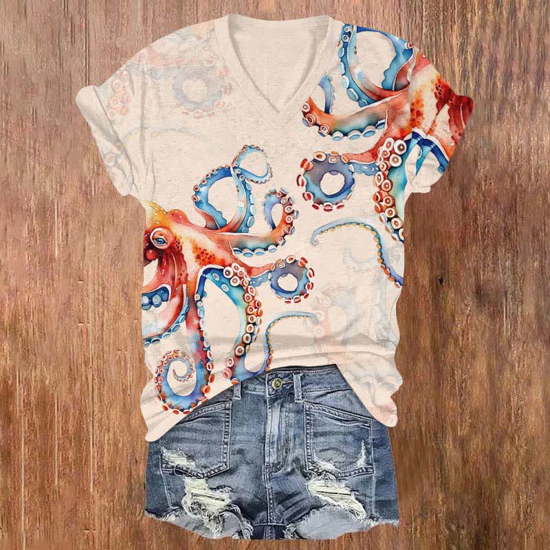 Japanese Colorful Octopus Art Print V-neck T-shirt - Apricot - US32-34(5XL) - image 7