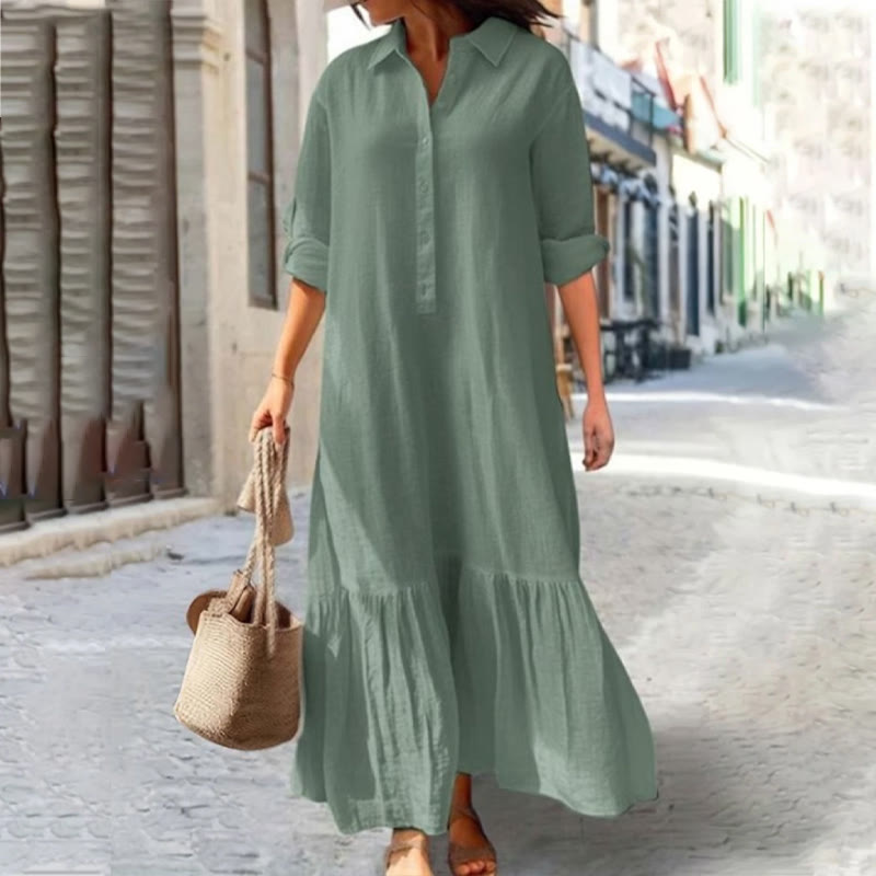 Beach Elegant Solid Shirt-collar Button-front 3/4 Sleeve Maxi Dress - Green - 5XL - image 5