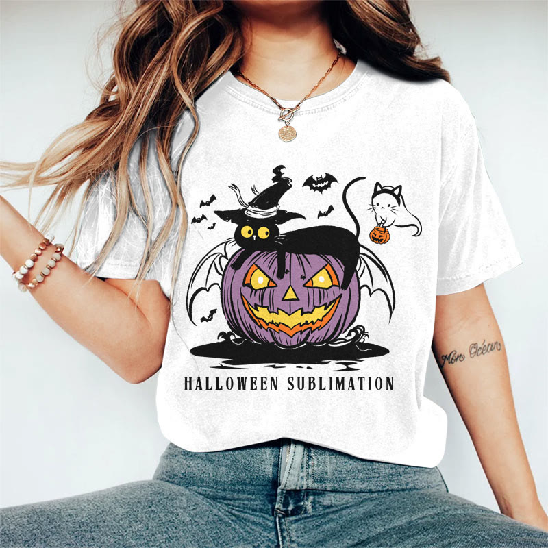 100% Cotton Women's Halloween Wizard Cat Lying On Pumpkin Art Print Casual T-shirt - White - 2XL - image 3