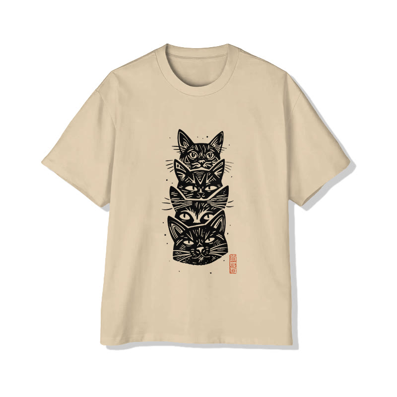 Unisex Japanese Style Stacked Cats Pattern Short Sleeved Crew Neck T-Shirt - Apricot - 2XL - image 4