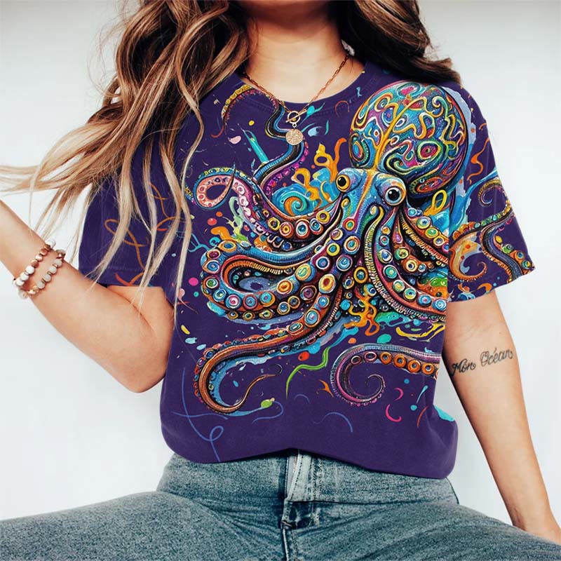 Vintage Rainbow Octopus Art Print Casaul T-shirt - Royal Blue - US44-46(8XL) - image 6