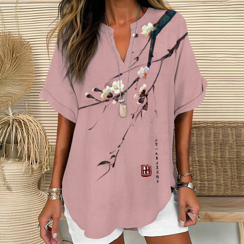 Vintage Plum Blossom Art Print Short Sleeve Casual Blouse - Pink - 5XL - image 4