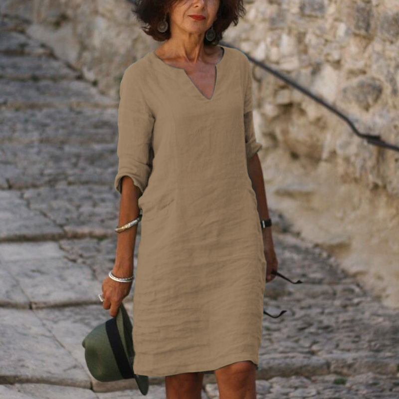 Solid Color Casual Half Sleeve V Neck Dress - Khaki - 8XL - image 5