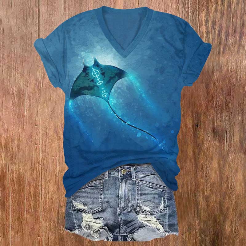 Starry Sky Manta Ray Print T-shirt - Blue - 5XL - image 1