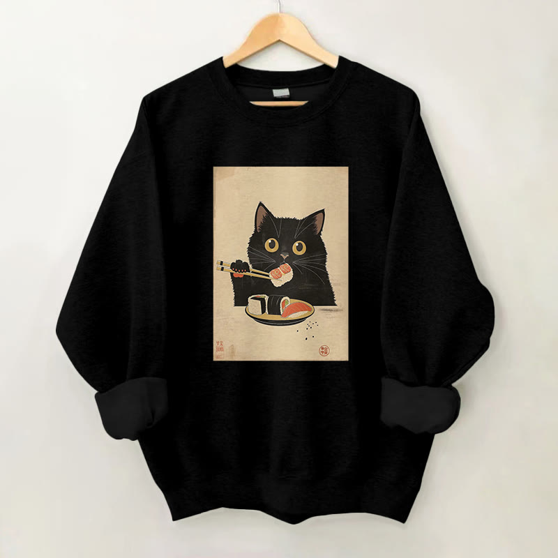 100% Cotton Chopstick Cat Sushi Print Round Neck Casual Fleece Sweatshirt - Black - 2XL - image 2
