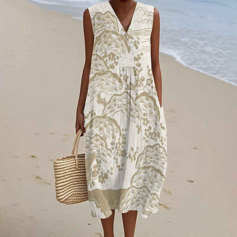 Japanese Art Plum Blossom Art Print V-neck Sleeveless Dress - White - 5XL - image 2