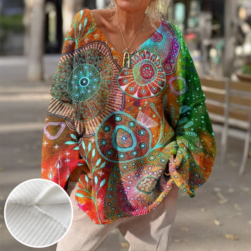 Retro Ethnic Totem Art Print V-neck Pullover Sweater - image 2