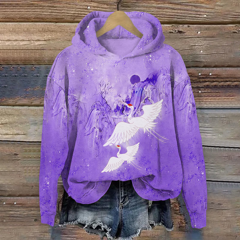 Japanese Cranes Flying Across Mountain Print Long Sleeve Hoodie - Purple - US44-46(8XL) - image 4