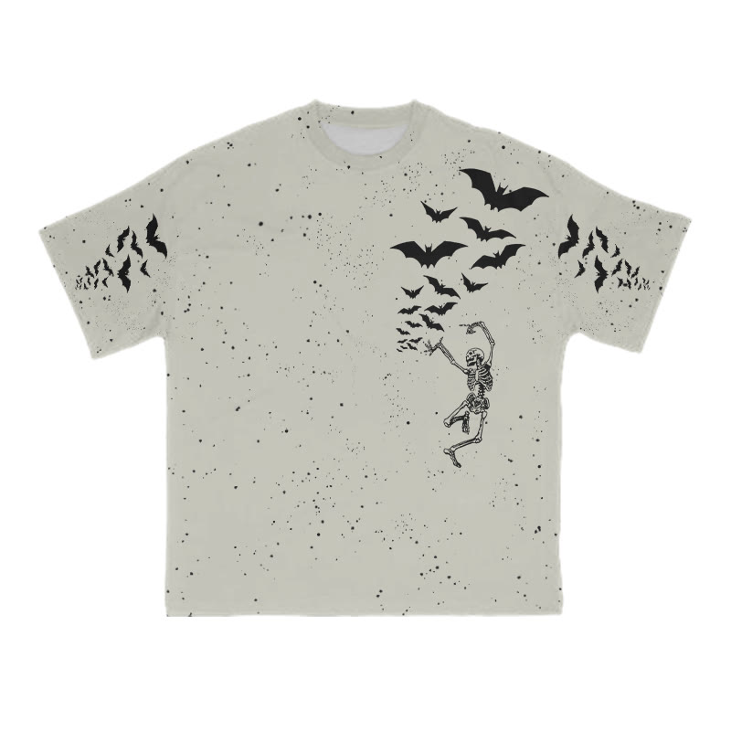 Unisex Dancing Skeleton Bats Halloween Print T-shirt - Grey - 8XL - image 4