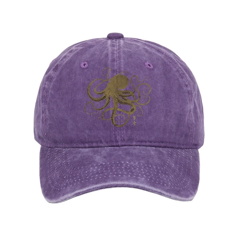 Unisex 100% Cotton Octopus Japanese Gold Print Tattoo Vintage Print Cap - Purple - one size - image 7