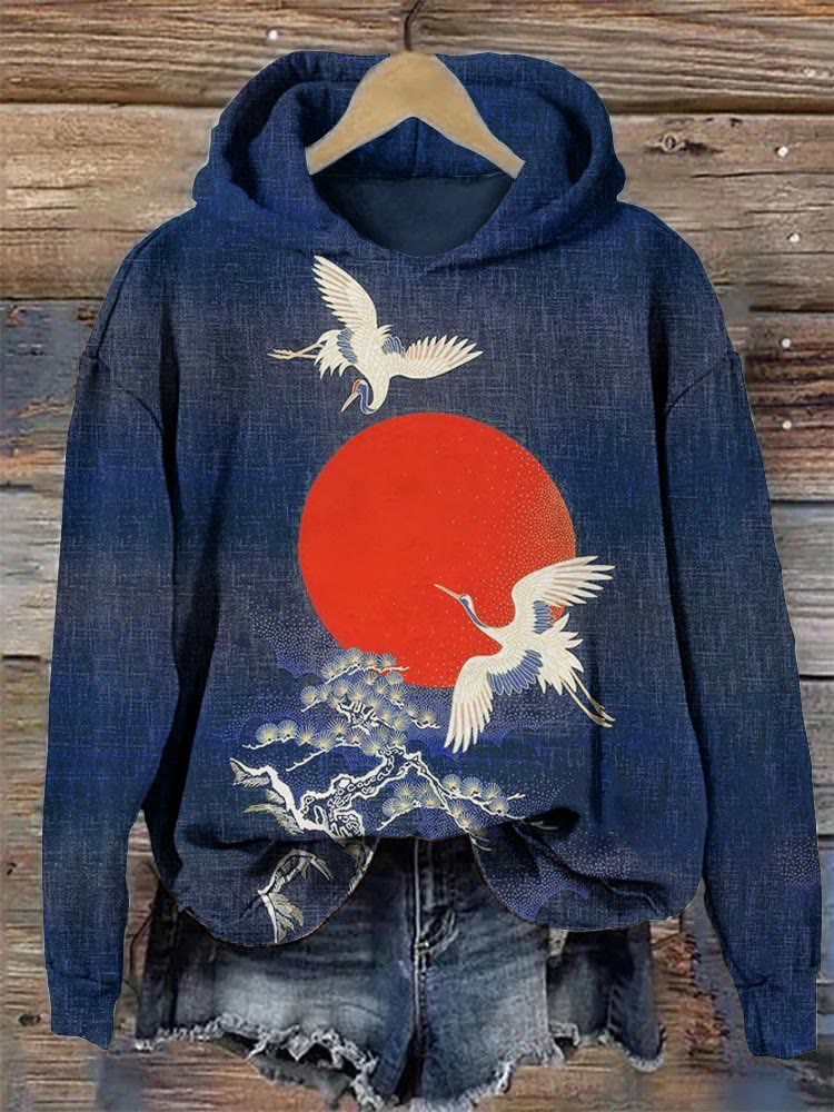 Crane Sun Japanese Print Hoodie
