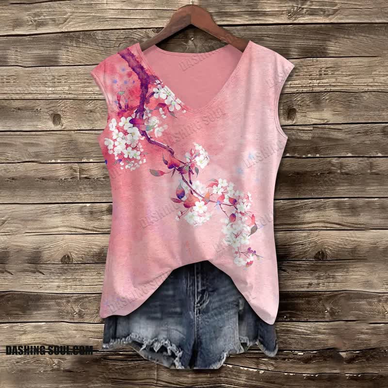Japanese Antique Pear Blossom Ink Painting V Neck Casual Tank Top