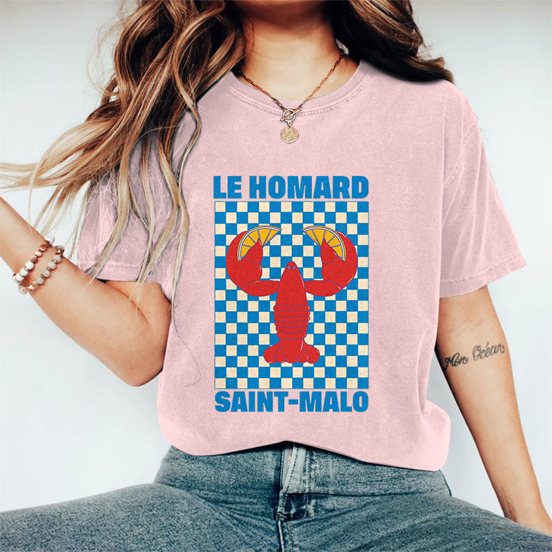 100% Cotton Women's Japanese Checkerboard Lobster Holding Lemon Art Print Casual T-shirt - Pink - 2XL - image 8