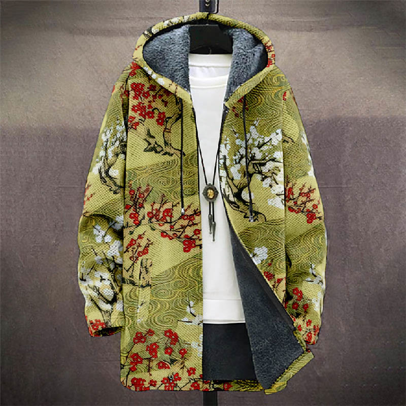 Retro Japanese Sakura Tree Print Unisex Plush Thick Long-sleeved Fleece Jacket Coat - image 2