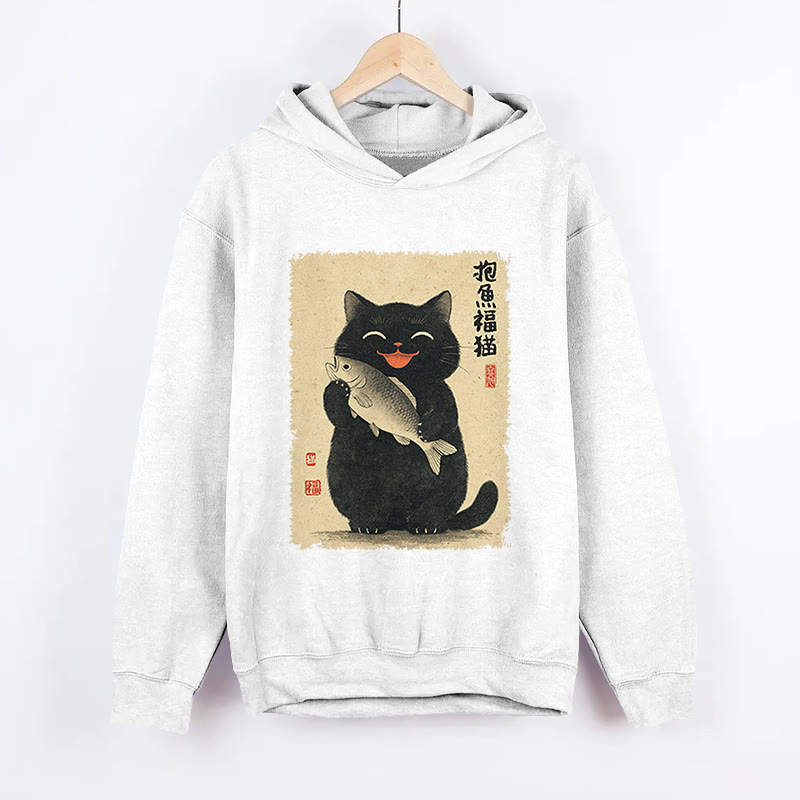 Unisex Lucky Cat’s Catch Pattern Long Sleeved Hoodie - White - US44-46(8XL) - image 4