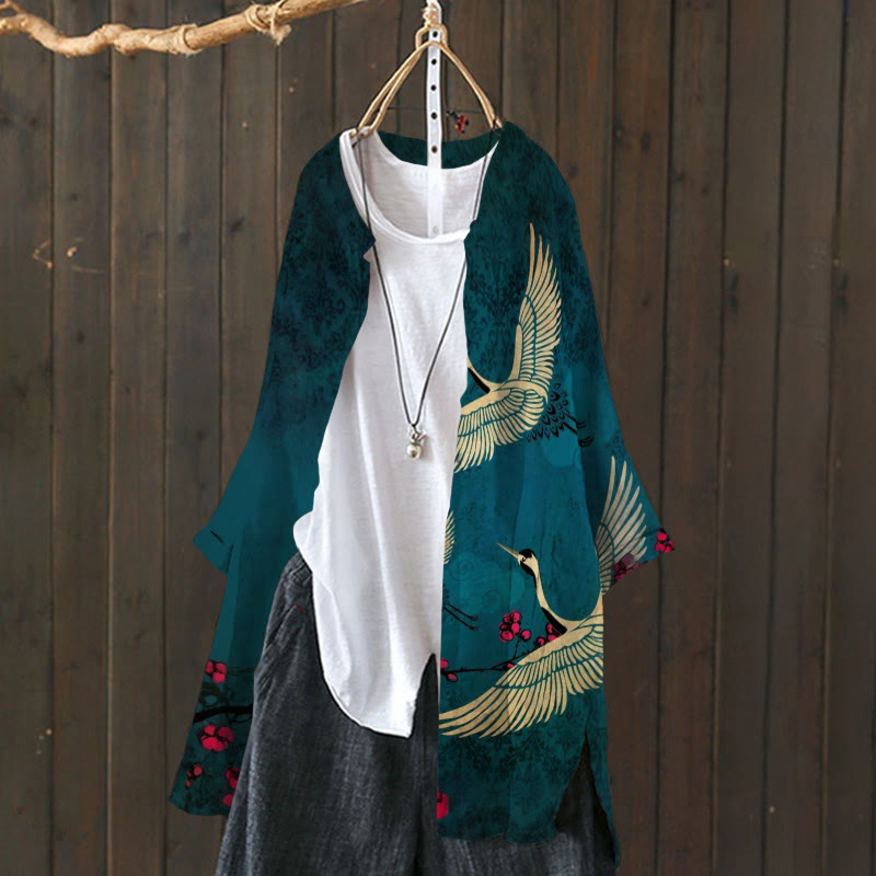 Women's Japanese Style Crane Art Print Cardigan - image 2