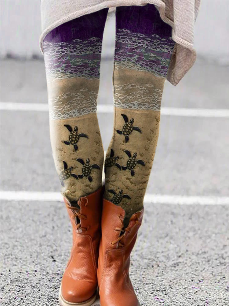 Dashingsoul Baby Sea Turtles Beach Fiber Art Print Leggings