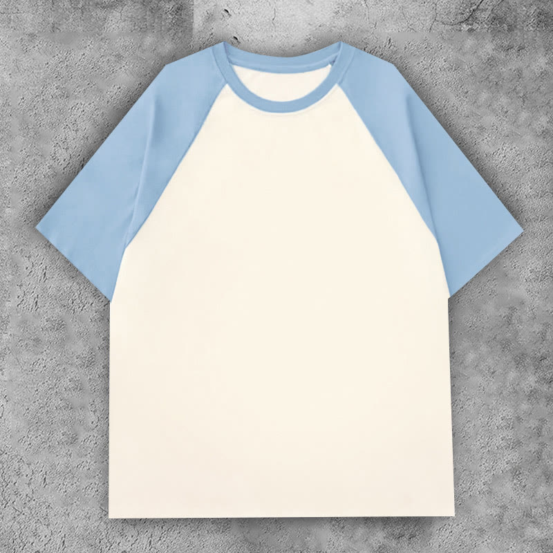 100% Cotton Contrast Solid Color Raglan Sleeve T-shirt - Light blue+apricot - 3XL - image 12