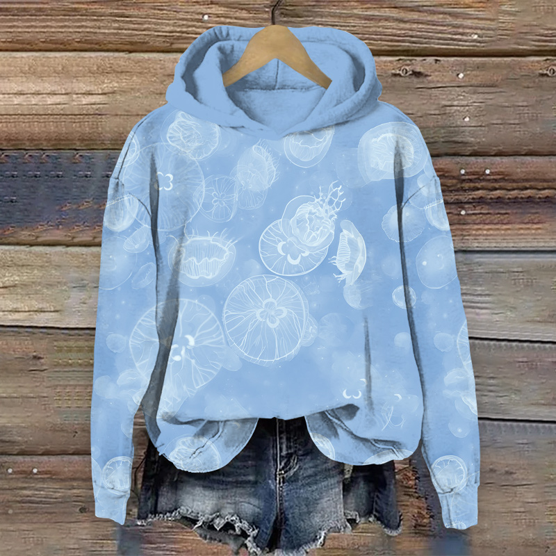  Funny Transparent Jellyfish Art Print Long Sleeve Hoodie - Sky Blue - US44-46(8XL) - image 2