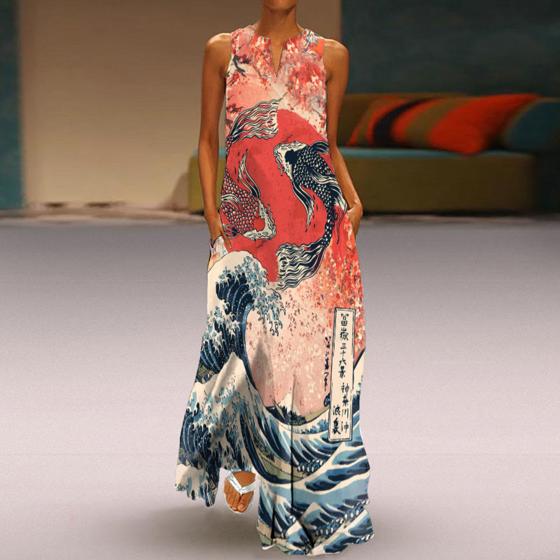 Japanese Koi Wave Print Sleeveless Maxi Dress - Orange - 5XL - image 1
