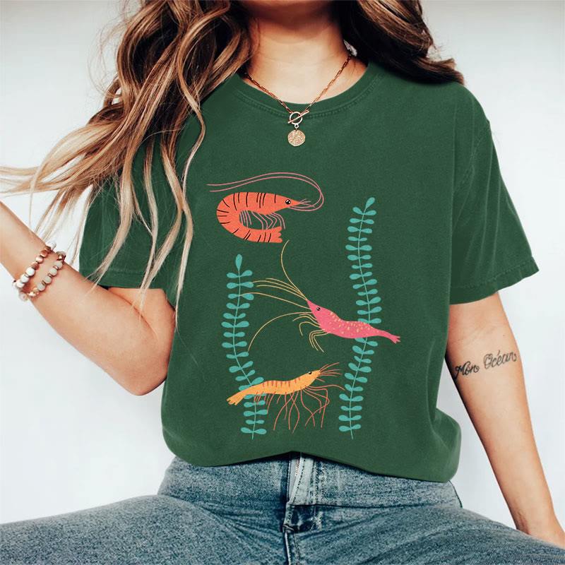 100% Cotton Women's Japanese Creative Colored Shrimps Art Print Casual T-shirt - Dark Green - 2XL - image 5