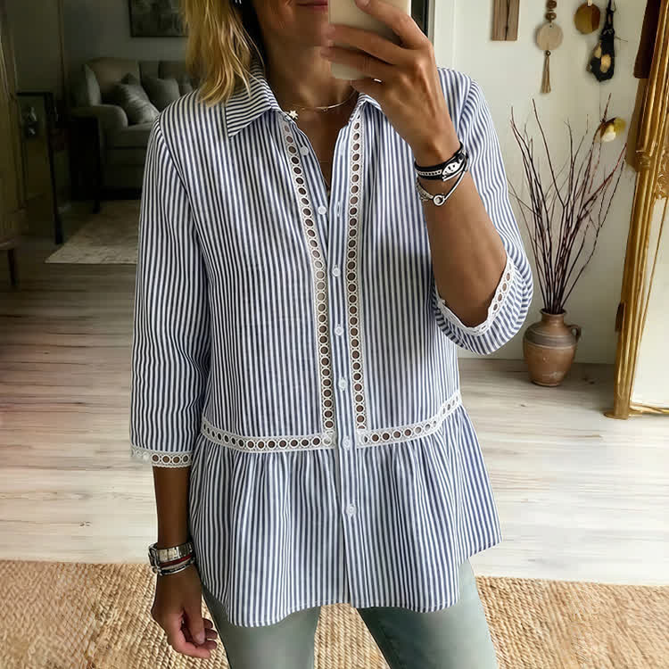 Casual Striped Openwork Lace Linen Blend 3/4 Sleeve Blouse - Blue - 4XL - image 3