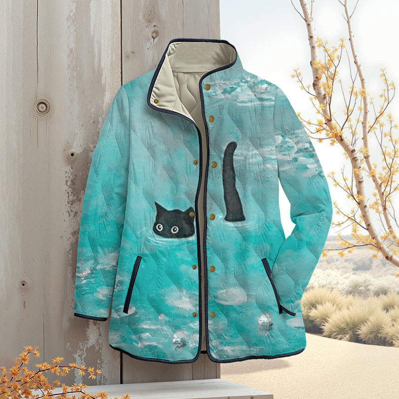 Women's Oil Painting Cat Print Outerwear Jackets - Light Blue - 4XL - image 3