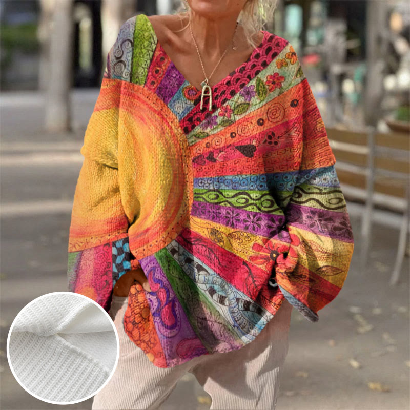Boho Multicolor Patchwork Sunray Print V-neck Pullover Sweater - image 2