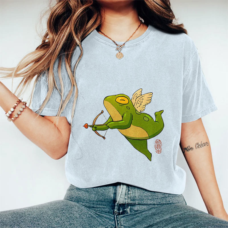 100% Cotton Funny Frog Cupid Art Print Casual T-shirt - Blue - 2XL - image 8