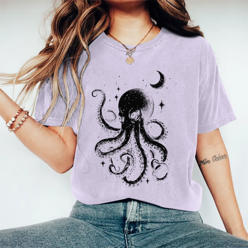 100% Cotton Japanese Watercolor Star & Moon Octopus Art T-shirt - Purple - 2XL - image 12