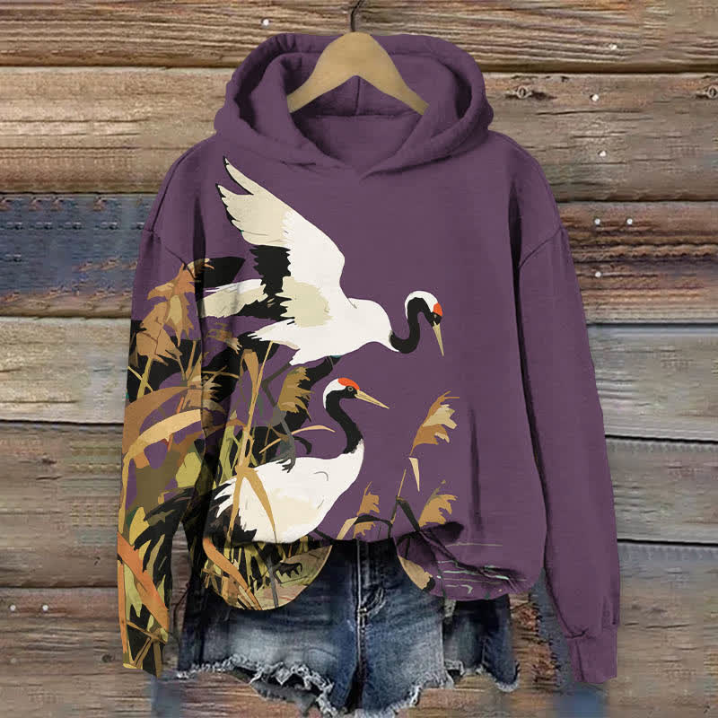 Japanese Oil Painting White Crane Art Print Long Sleeve Hoodie - Purple - US44-46(8XL) - image 3