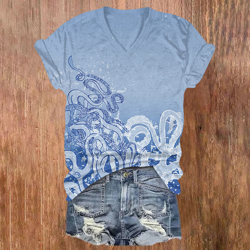Octpus Print V-neck T-shirt - Light Blue - US32-34(5XL) - image 3