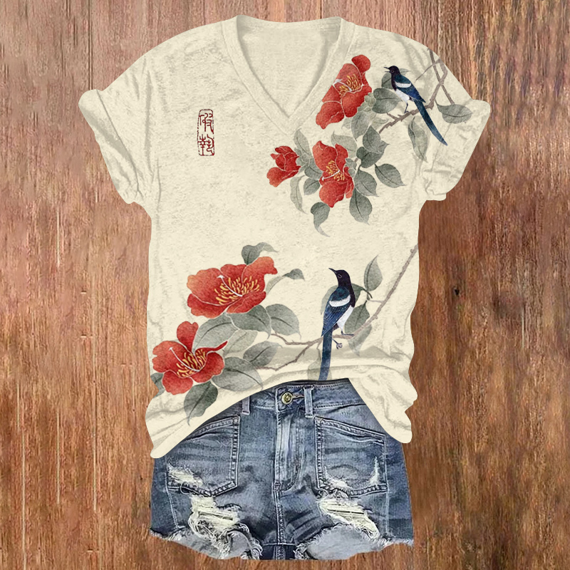 Subtle And Elegant Calligraphy And Painting, And Two Birds Printed Short Sleeved V-neck T-shirt - Apricot - US32-34(5XL) - image 1