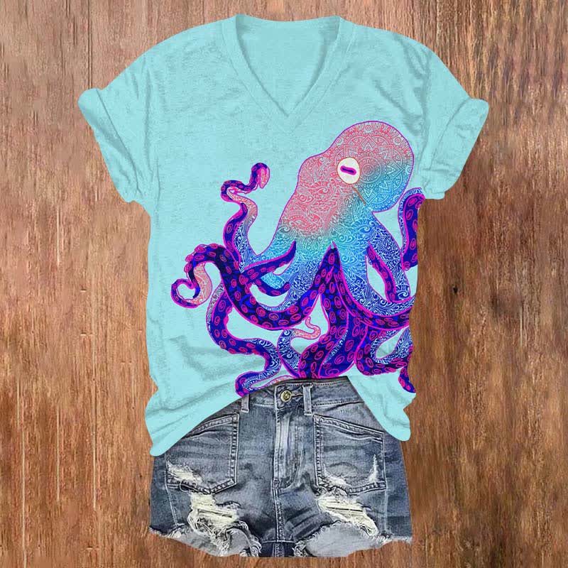 Creative Leisurely Blue-ringed Octopus Art Print V-neck T-shirt - Light Blue - US32-34(5XL) - image 2