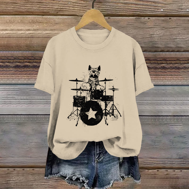 100% Cotton Vintage Rockstar Kitty Beats Drums Printed T-shirt - Khaki - 2XL - image 6