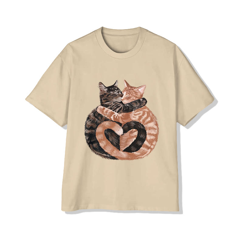 Unisex Valentine's Day Heart Shaped Cat Print Short Sleeved Crew Neck T-Shirt - Apricot - 2XL - image 4