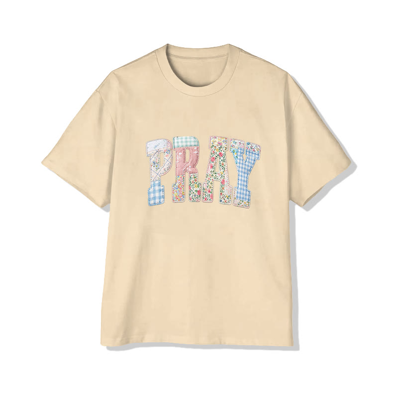 Vintage Floral Pray Christian Pattern Print Short Sleeved Round Neck Cotton T-shirt - Apricot - US28-30(4XL) - image 11