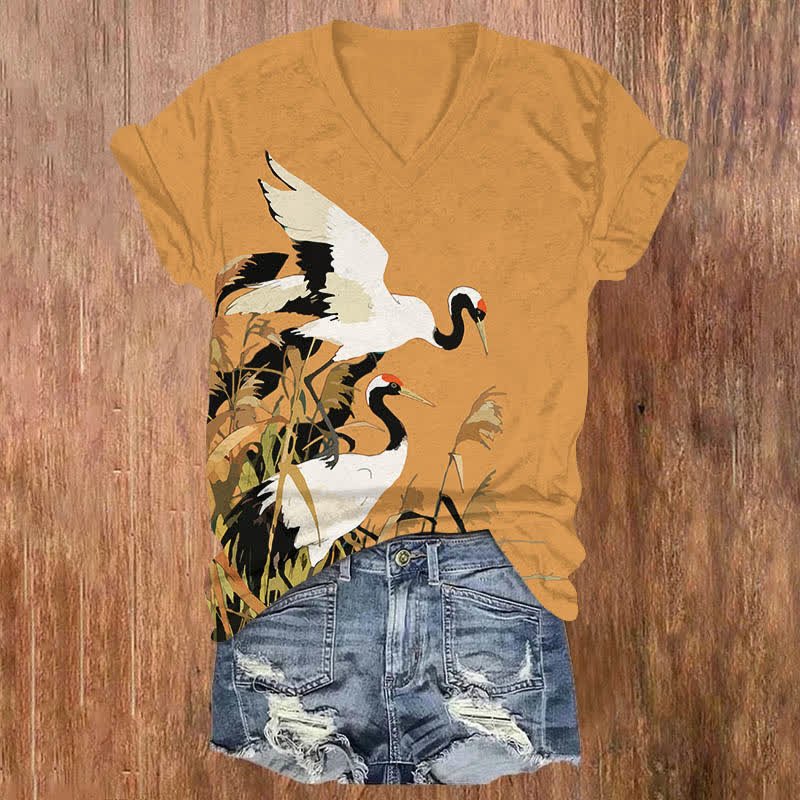 Japanese Oil Painting White Crane Art Print V-neck T-shirt - Orange - US32-34(5XL) - image 4