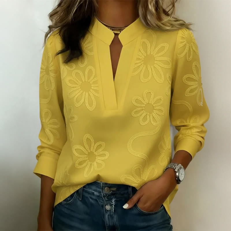 Elegant Floral Notch-collar Long-sleeve Blouse - Yellow - 3XL - image 5