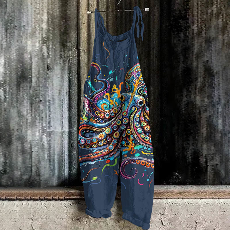Vintage Rainbow Octopus Art Print Casual Jumpsuit  - Blue - 5XL - image 5