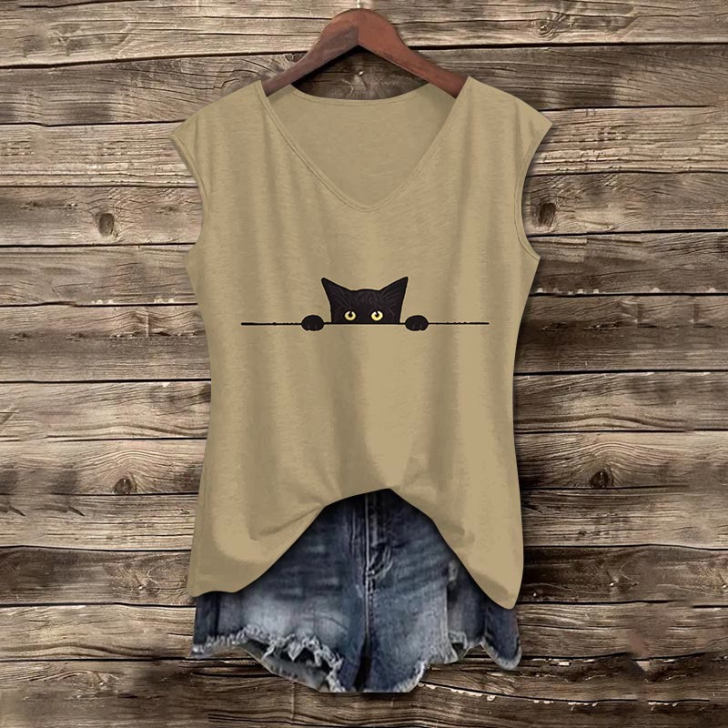 Women's Casual Black Cat Print V-neck Tank Top - Khaki - 5XL - image 5
