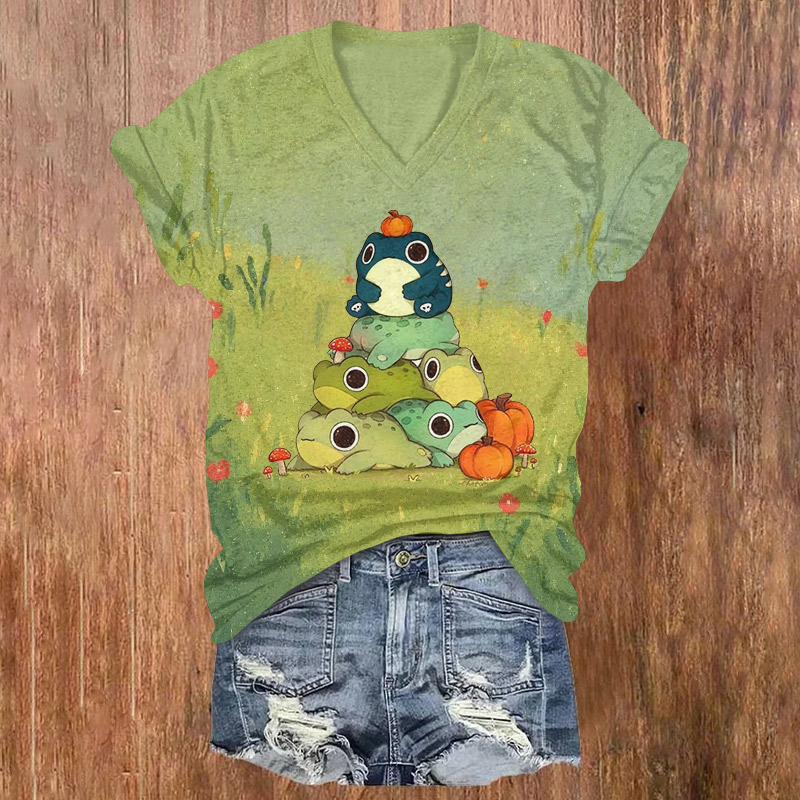 A Group Of Amusing Frogs Were Lying On Printed Short Sleeved V-neck T-shirt - Light Green - US32-34(5XL) - image 1