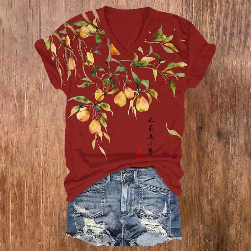 Japanese Vintage Pear Tree Art Print V-neck T-shirt - Red - US32-34(5XL) - image 5
