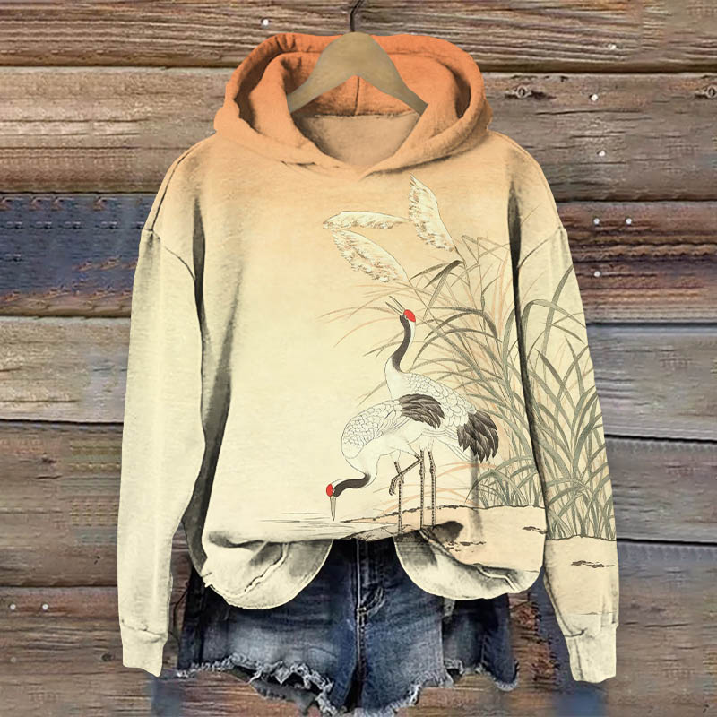 Vintage White Crane Resting By Reed Lake Art Print Long Sleeve Hoodie - Yellow - US44-46(8XL) - image 2