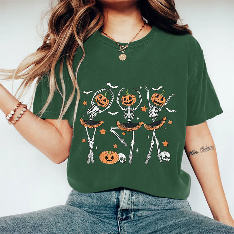 100% Cotton Women's Halloween Creative Dancing Pumpkin Skeleton Art Print Casual T-shirt - Dark Green - 2XL - image 9