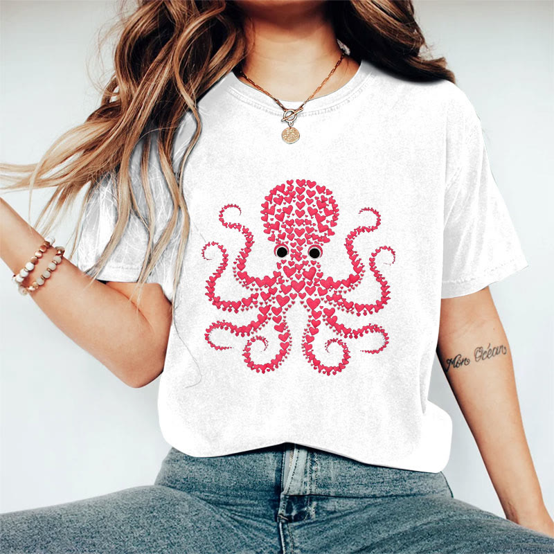 100% Cotton Valentine's Day Octopus Heart T-shirt - White - 2XL - image 3