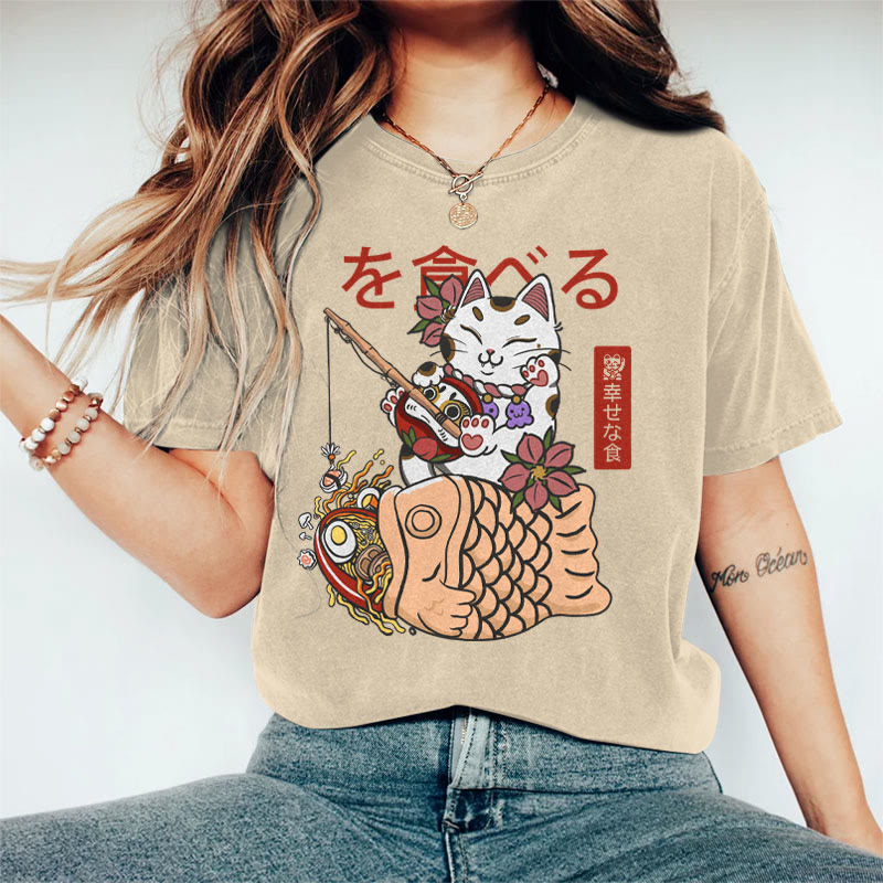 100% Cotton Women's Japanese Lucky Cat Fishing  Art Print Casual T-shirt - Khaki - 2XL - image 2