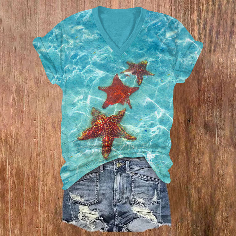 Crystal Clear Ocean Starfish Print V-neck T-shirt - Lake Blue - US32-34(5XL) - image 3