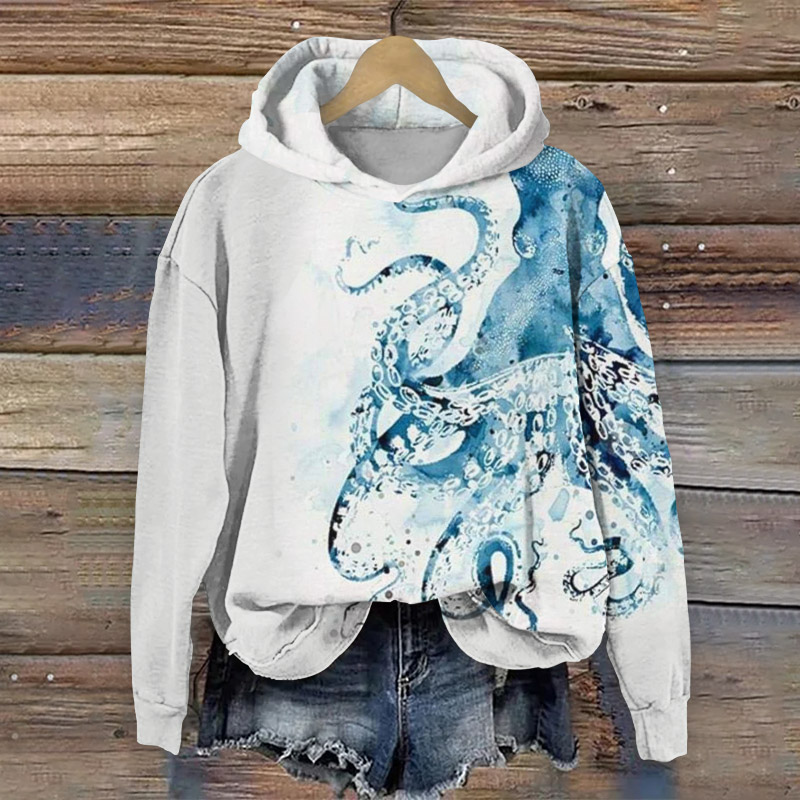 Elegant Watercolor Octopus Print Long Sleeve Hoodie - White - 8XL - image 1